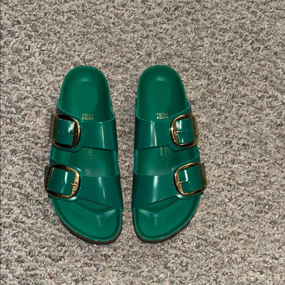Green Birkenstocks with Gold Buckles